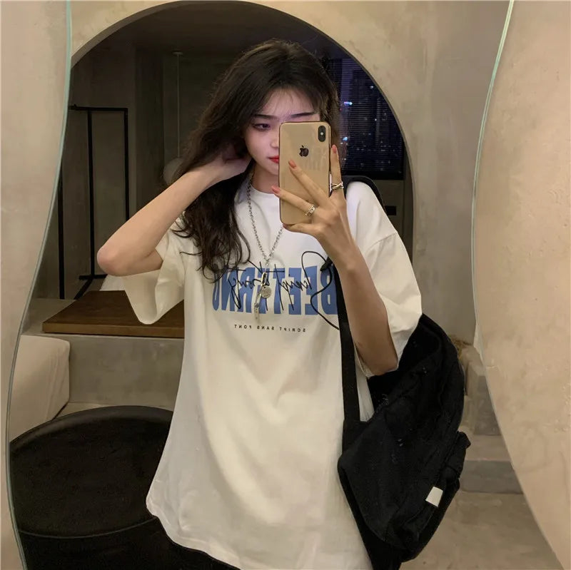 Oversized American Street Style T-Shirt for Women | Retro Loose Cotton Casual Top