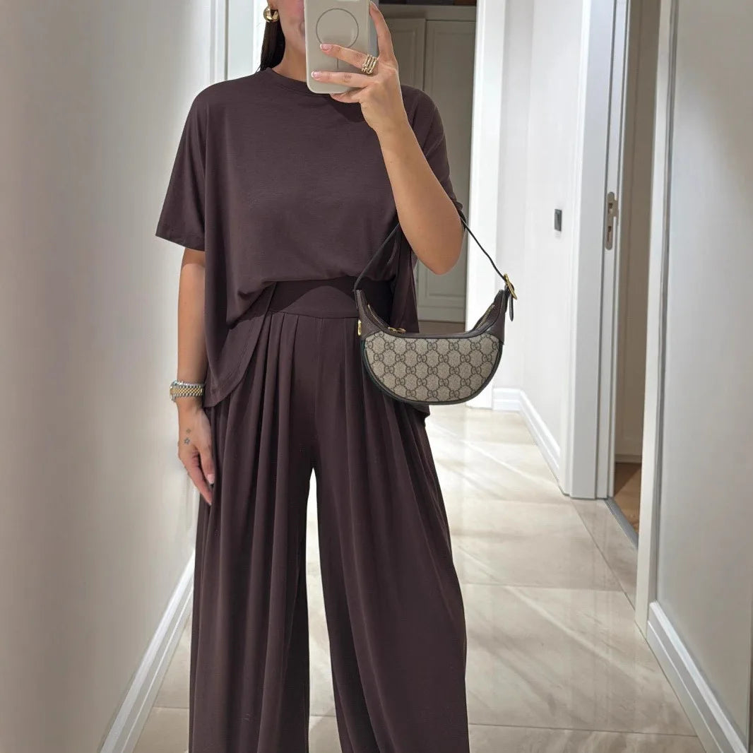 Casual Women’s 2-Piece Set – Short Sleeve T-Shirt & High Waist Wide-Leg Trousers Summer Fashion 🌿☀️