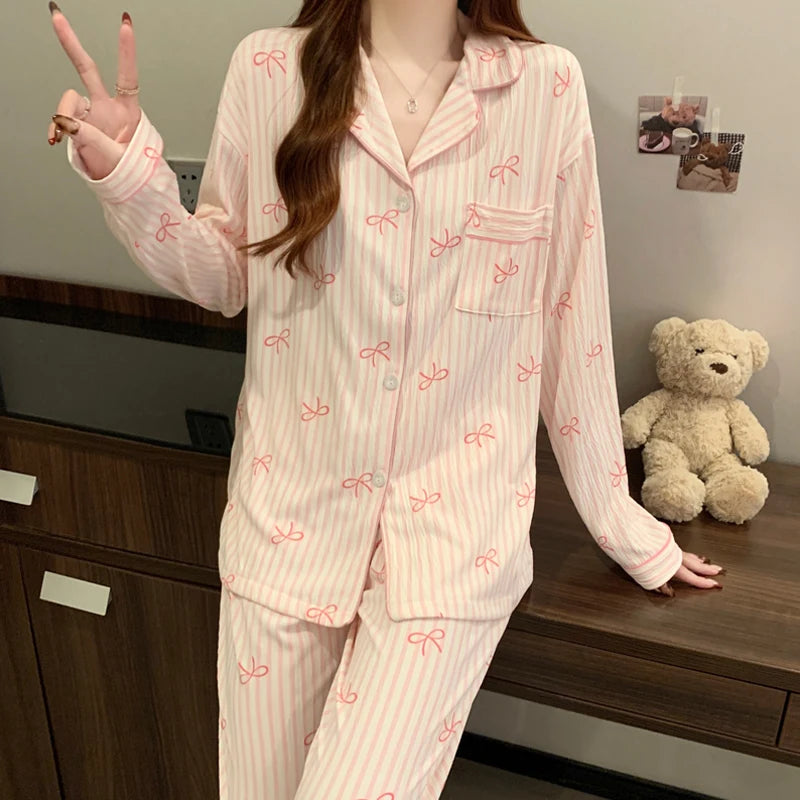 🌸 Pink Bow Pajamas Set for Women 💖 Long Sleeve Top & Elastic Waist Pants 🛌 Harajuku Style Casual Home Wear