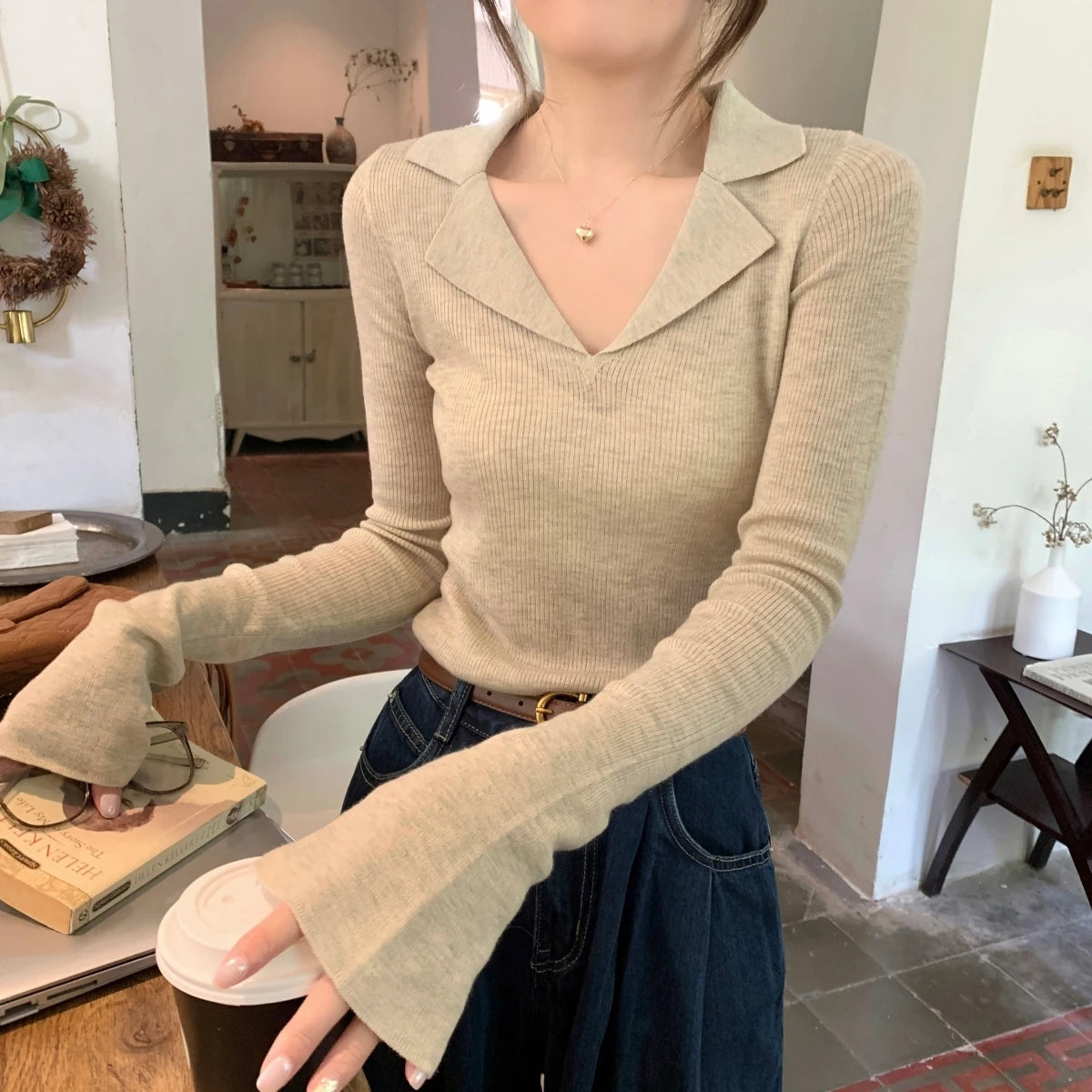 French Style Knitted Long Sleeve V-Neck Collar Sweater – Women’s Winter Base Layer Top | Stretchy Fit for Young Women