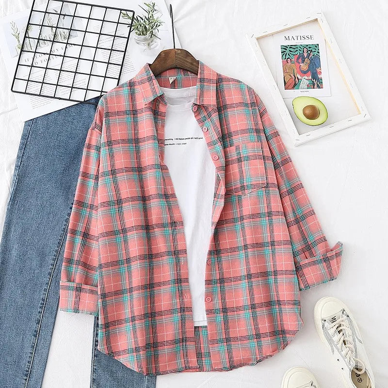 Women’s Plaid Shirt | Spring Autumn Long Sleeve Blouse | Casual Cotton Checkered Top