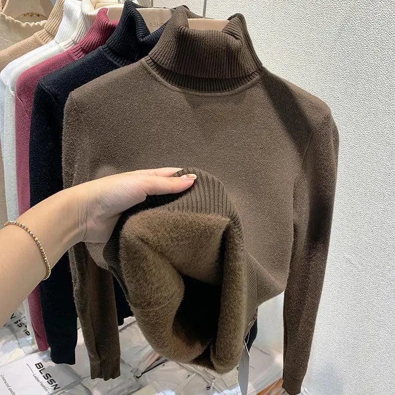 2025 Women’s High Collar Pullover Sweater – Thick Warm Soft Winter Top | Solid Color Bottoming Shirt