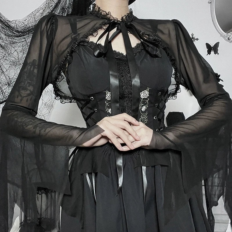 Dark Black Goth Top | Women’s Vintage Flared Sleeve Gothic T-Shirt Y2K Party Wear