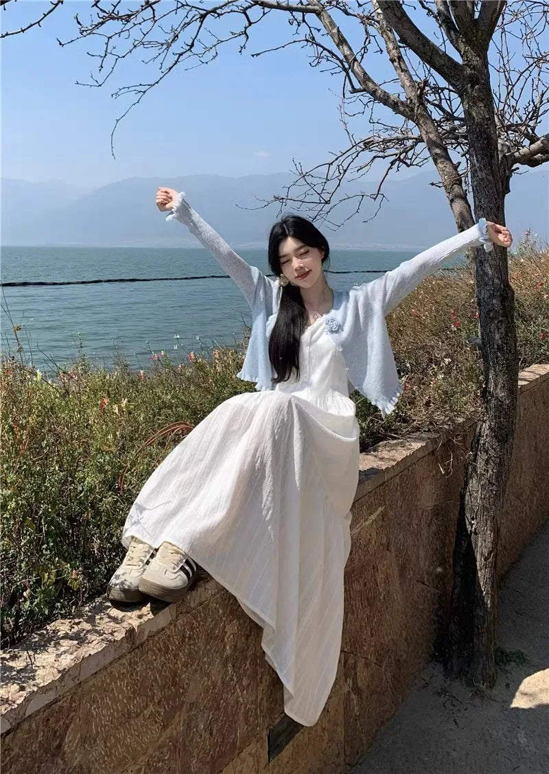 Summer 2025 Women’s Pure Cotton White Strap Dress with Long Sleeve Ice Silk Knitted Sun Protection Cardigan Set – Elegant Fashion