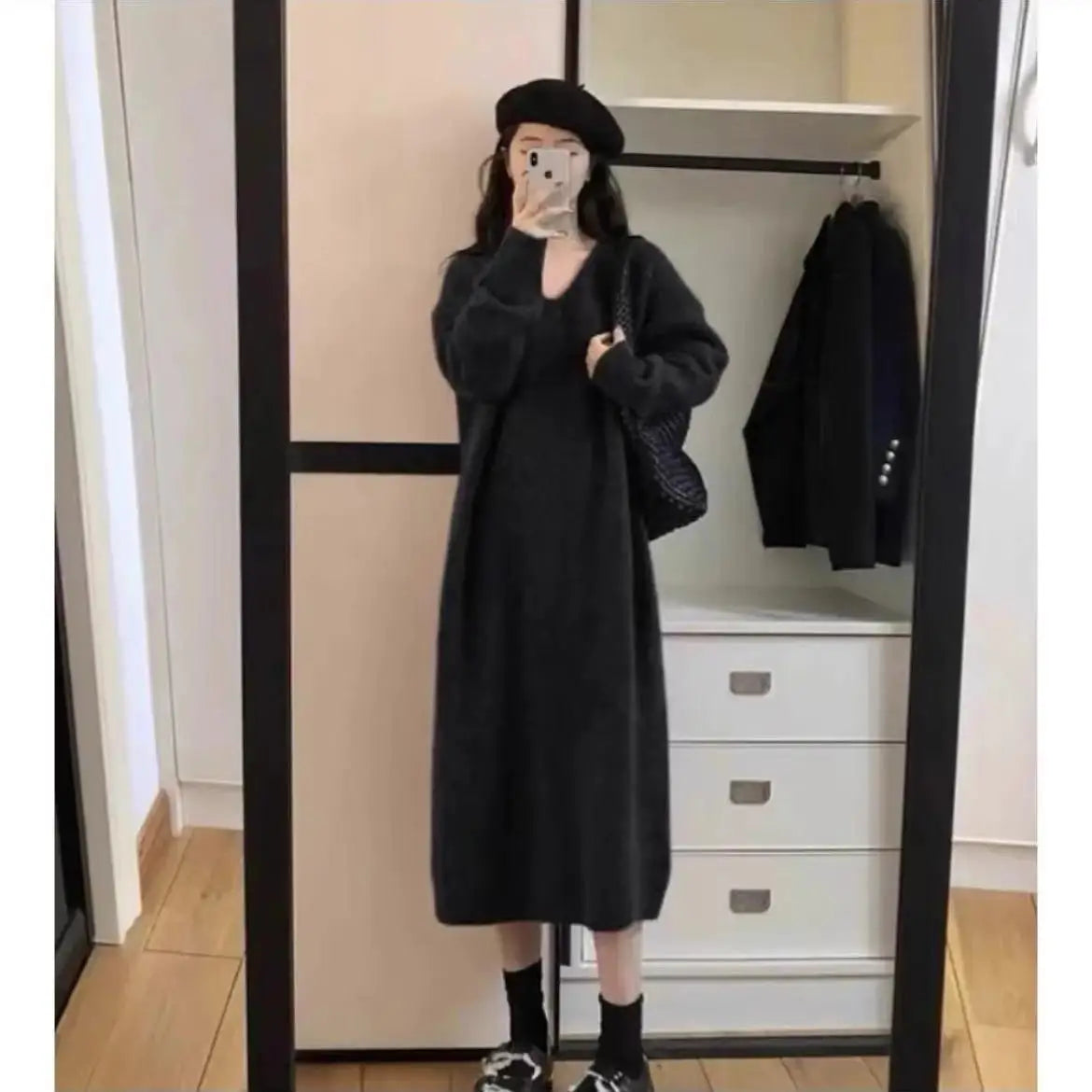 Ladies’ Thick Long Knitted Dress | Korean Style Loose Waist V-Neck H-Line Base Layer Dress | Autumn Winter New Arrival