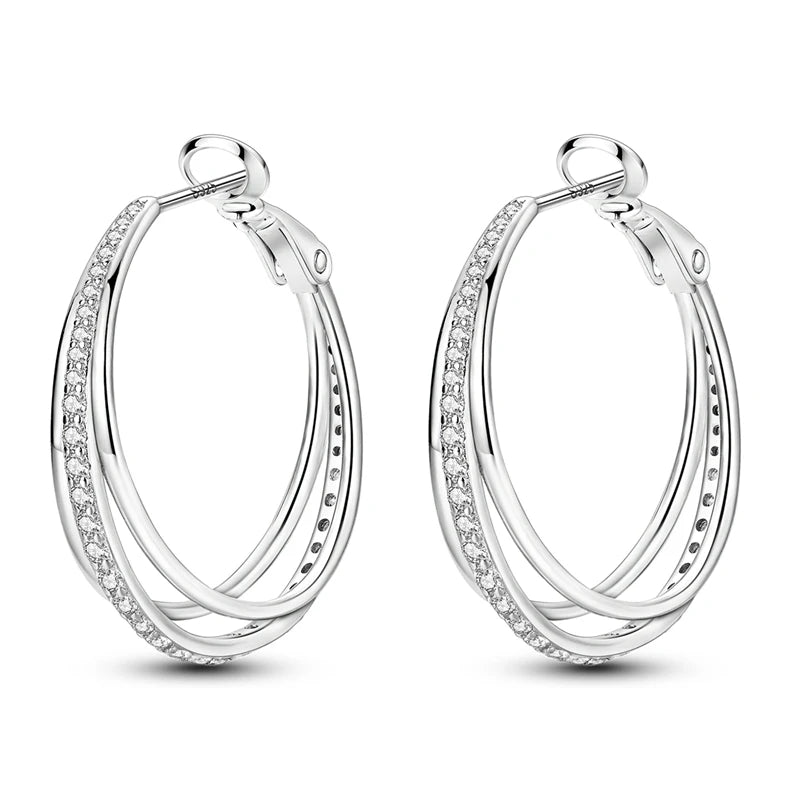 925 Sterling Silver Triple Hoop Earrings for Women – Shining Zircon Anniversary Wedding Jewelry Gift