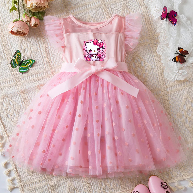Hello Kitty Summer Kids Girls  Ruffles Sleeves Elegant Princess Mesh Dresses Girls Birthday Party Casual Sweet Dresses 2-6Y