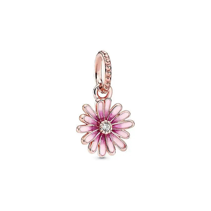 925 Sterling Silver Rose Gold Pink Daisy Charm – Zircon Bead Fit Pandora Bracelet Luxury Jewelry Gift for Women