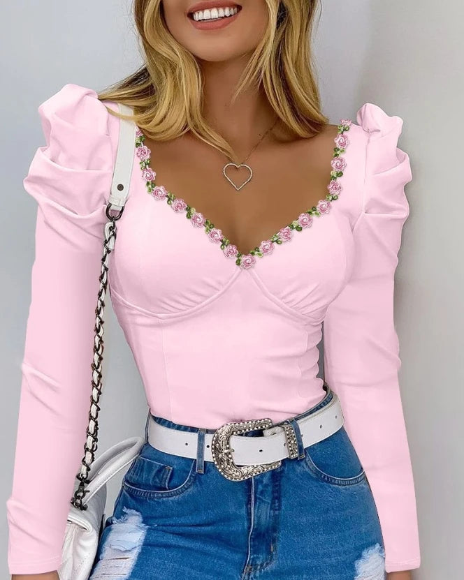 2023 Women’s Floral Puff Sleeve Top | Casual Sexy T-Shirt | Autumn Winter Spring Pullover