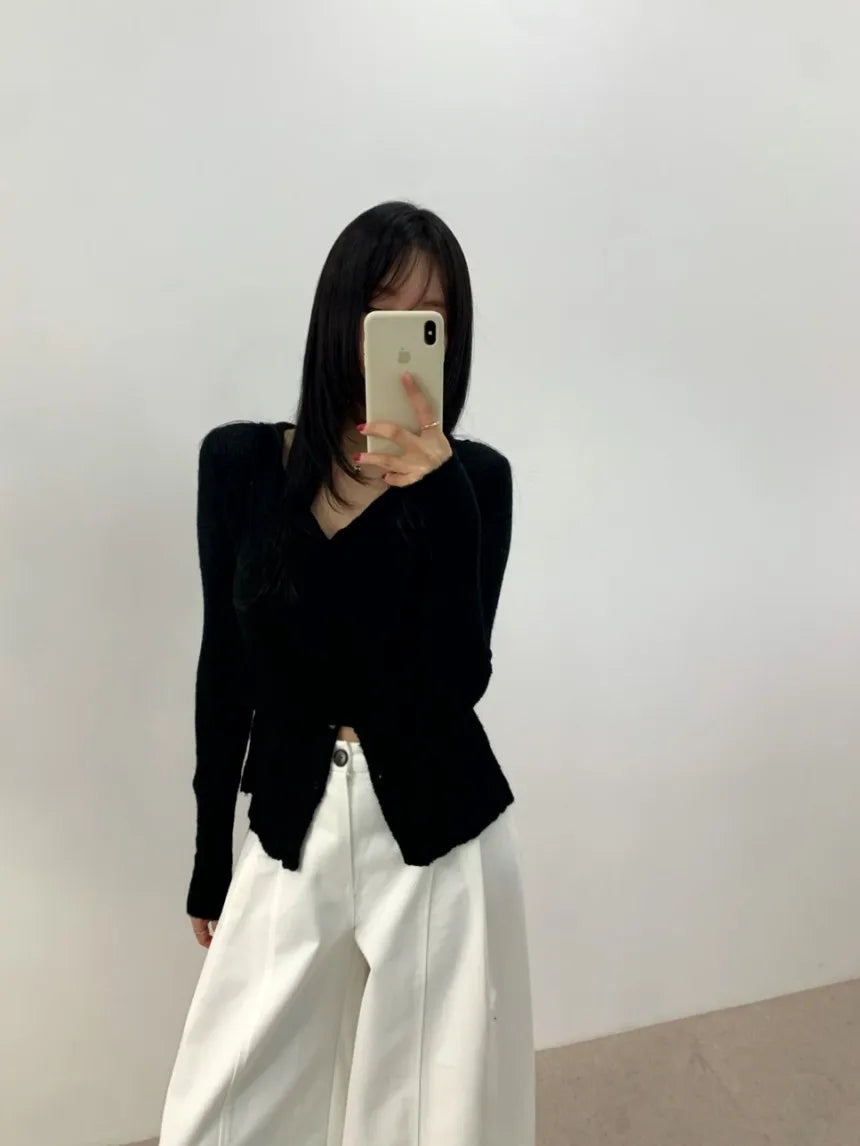 Simple round Ne Button up Knit Sweater Strap Set Casual Sle Polyester Fiber Open Cardigan for Women Autumn Winter ential