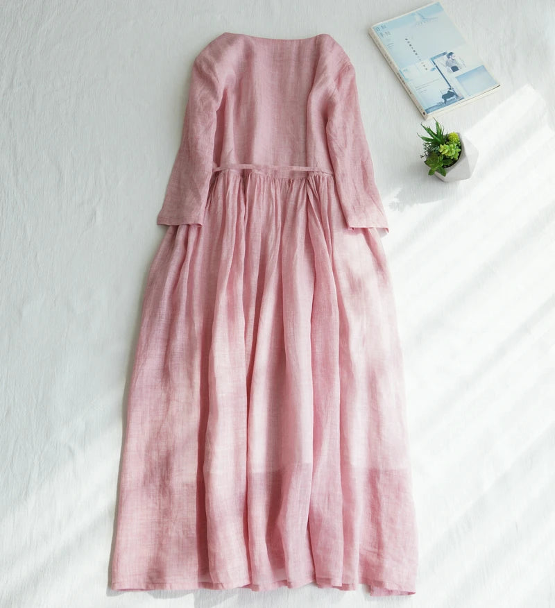 Japanese Style Women’s Long Sleeve Cotton Linen Dress | Wooden Ear Design Loose A-Line Skirt with Waist Belt