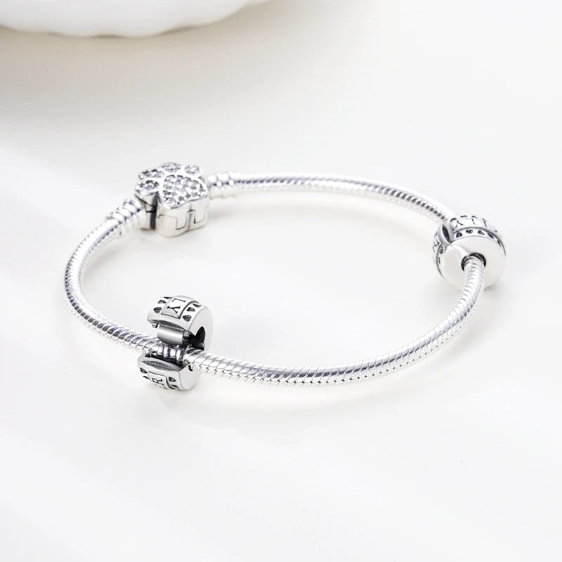 925 Sterling Silver CZ Pave Daisy Clip Charm & Safety Chain – Fits Original Pandora Bracelet, Women’s Silver Stopper Beads Jewelry