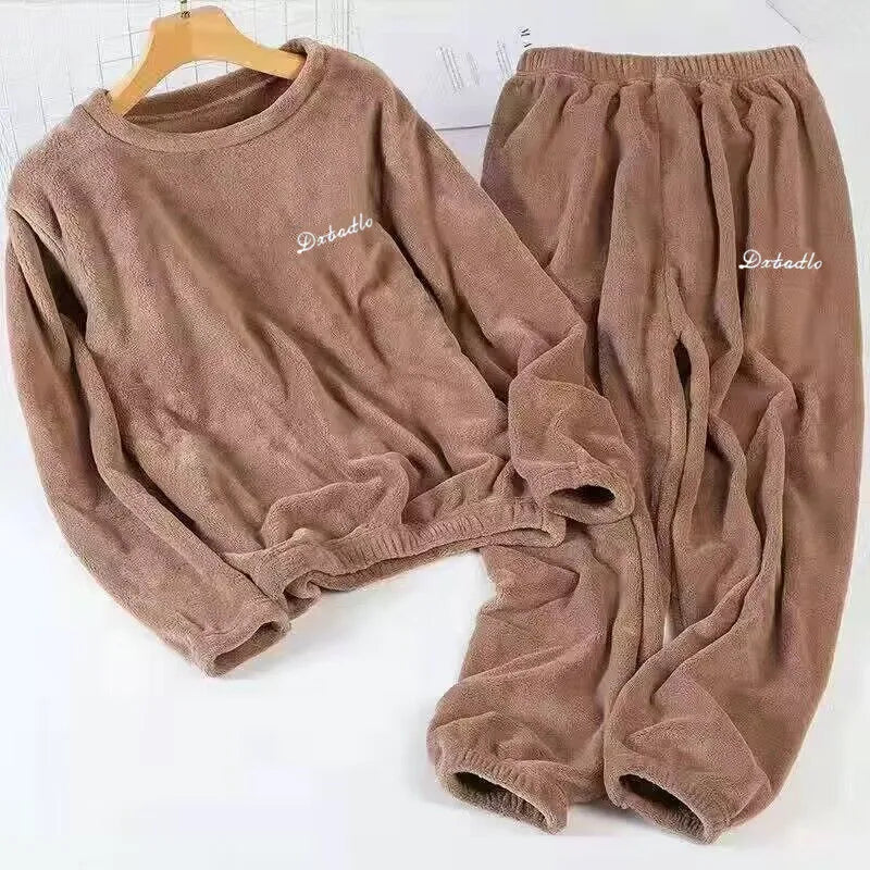 Thickened Coral Fleece Sweatwear Set 🧥 Unisex Warm Home Clothes ❄️ Sports Outfit Long Sleeve Round Neck Pajamas 👕