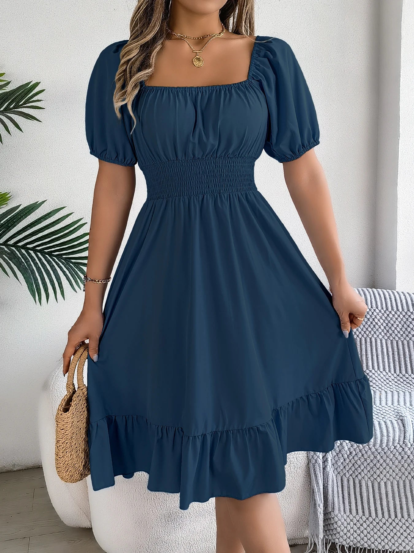 2026 Women’s Elegant High-Waisted Dress – Square Neck, Short Sleeve, Ruffled Edge Long Dress | Spring Summer Valentine’s Day