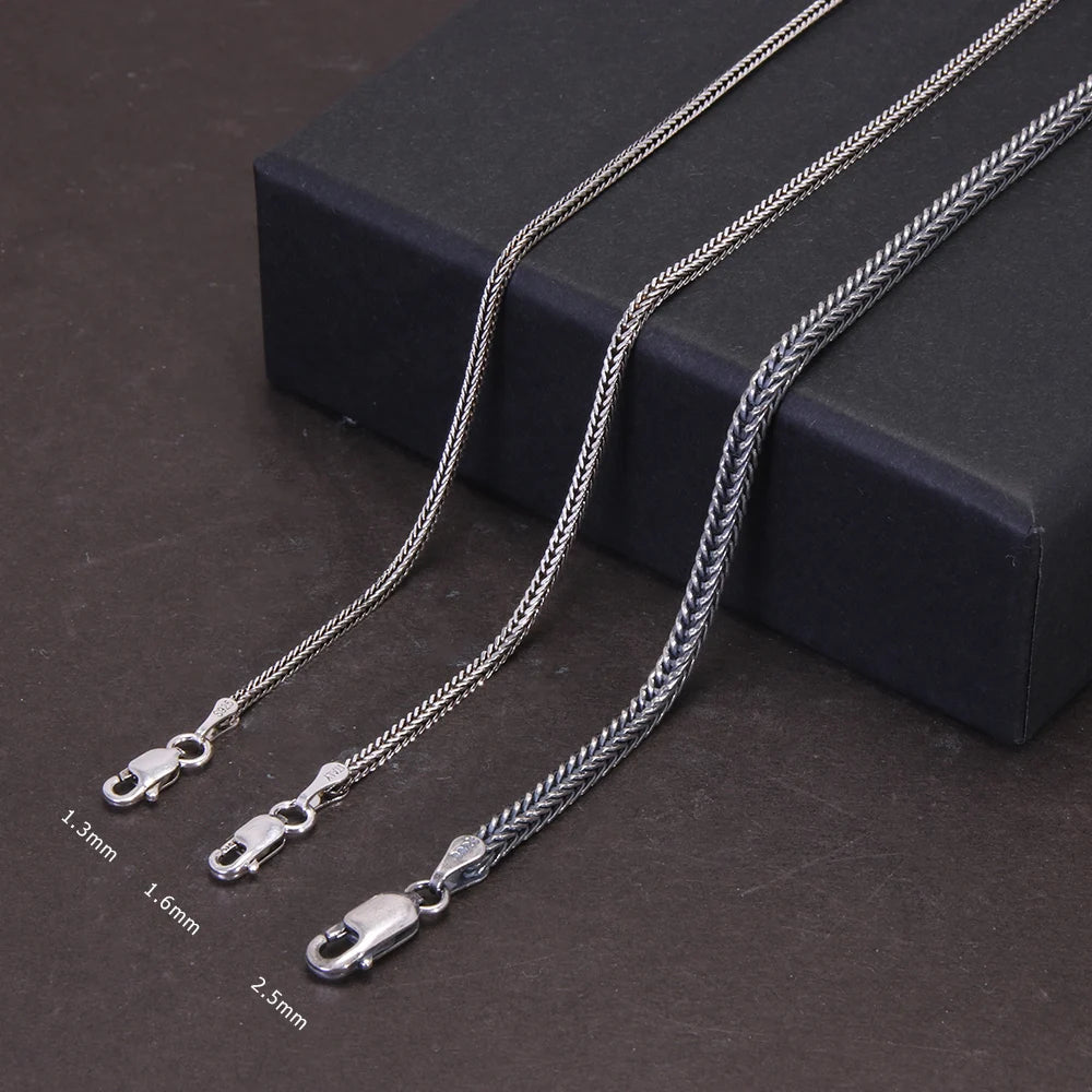 Real S925 Sterling Silver Foxtail Necklace for Men – 1.6mm Solid Snake Bone Chain Vintage Jewelry
