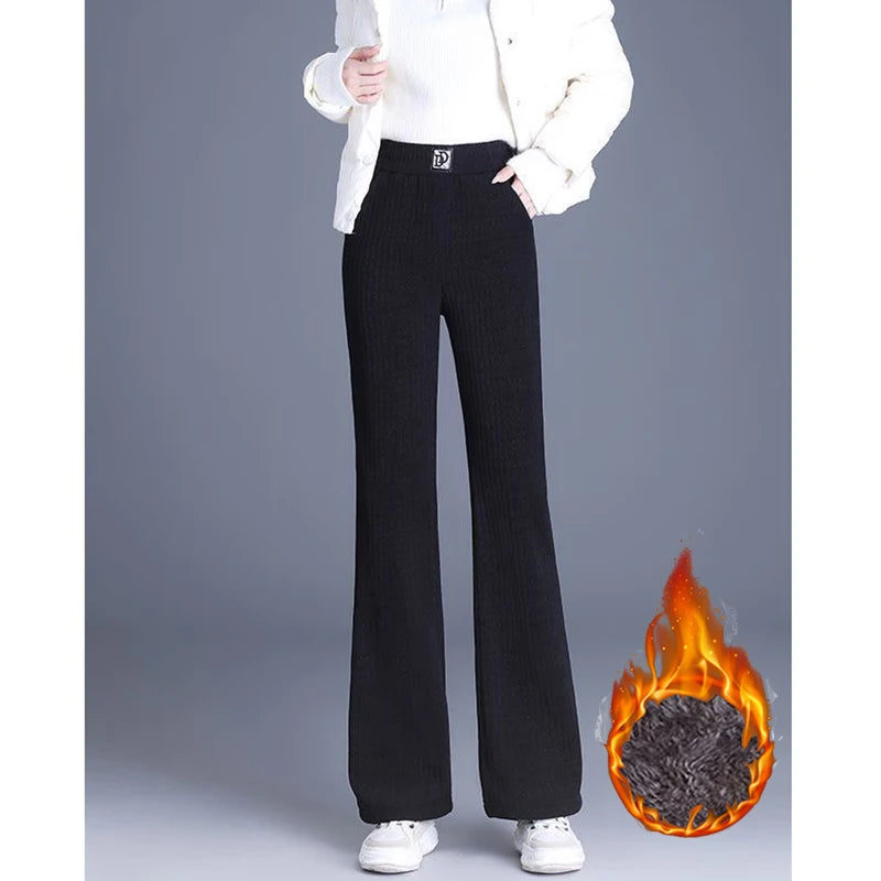 Winter Women High Waist Thermal Plush Pants – Straight Leg Fleece Trousers for Warm Casual Daily Wear