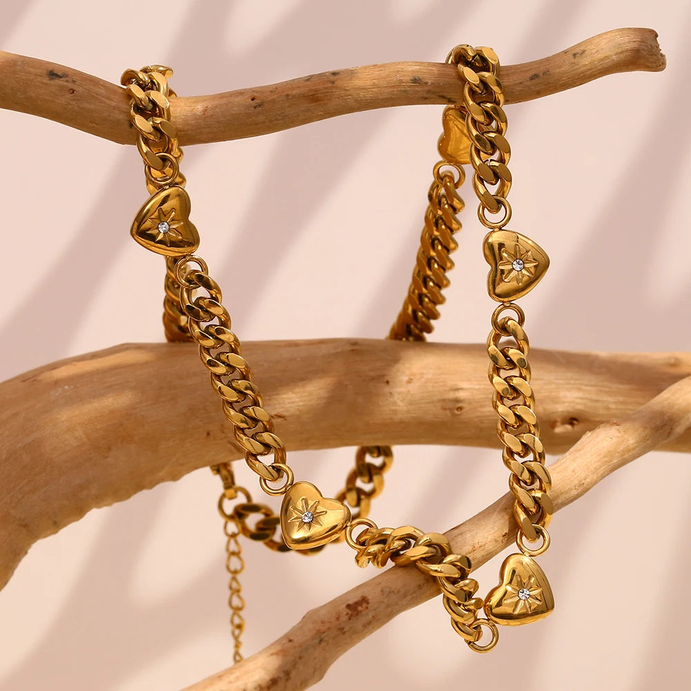 18K Gold Plated Stainless Steel Ocean Heart Cuban Chain Bracelet for Women – Zircon Paved Bangle