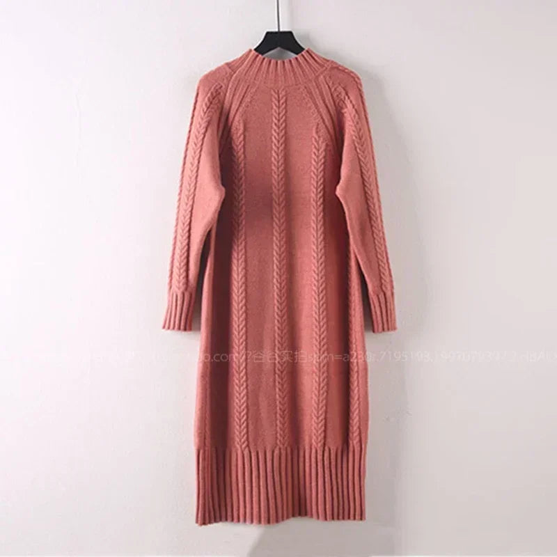Winter Thicken Plus Velvet Sweater Dress for Women – Fall Mock Neck Rib Knit Midi Dress | Elegant Warm Vestido with Coats