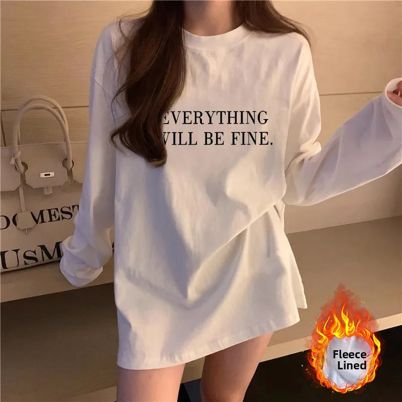 Women’s Long Sleeve Cotton T-Shirt | Fleece-Lined White Base Layer | Loose Fit Autumn Inner Wear