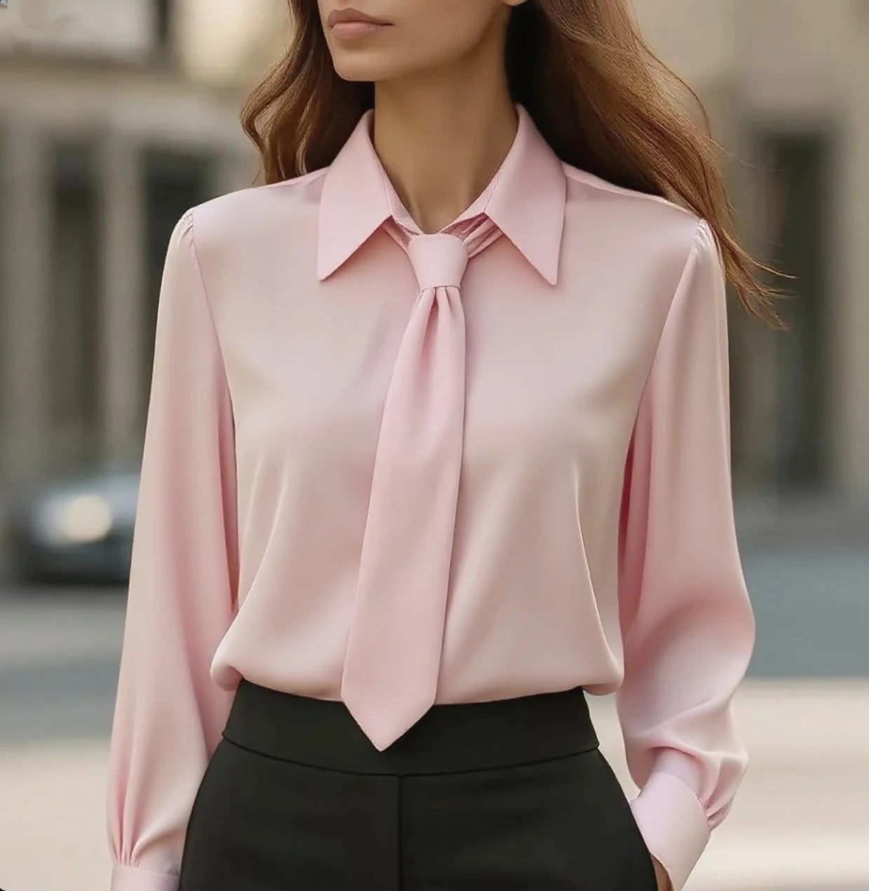 Women’s Elegant Satin Work Shirt – Plain Modern Casual Long Sleeve Collared Top for Office & Daily Wear ✨👚