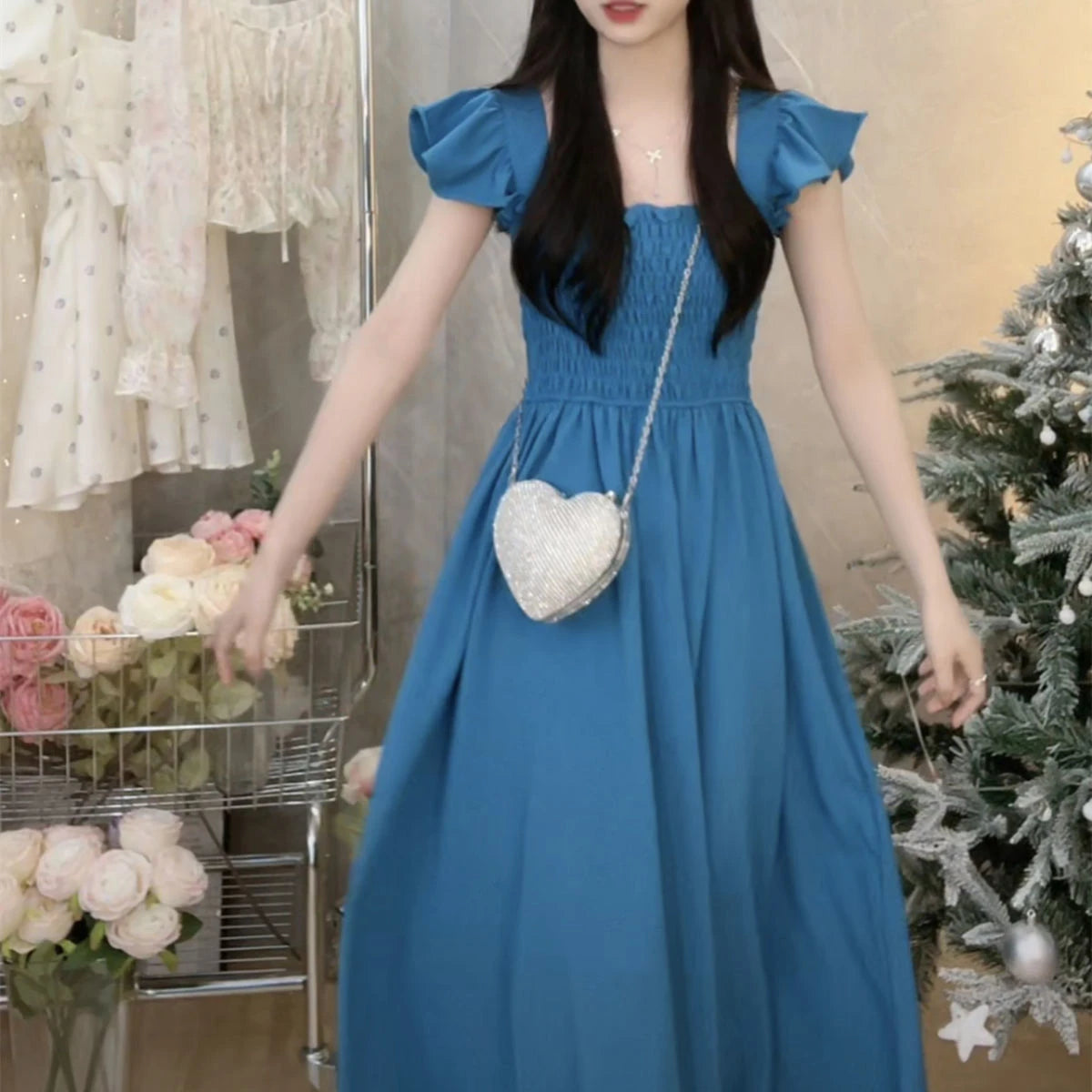 ☀️ Summer 2025 Elegant Hepburn-Style Tea Break Midi Dress 👗 Gathered Waist, Short Sleeve, Square Collar Pleated A-Line Dress 🌸