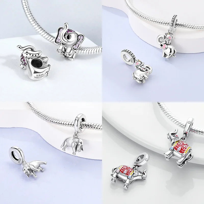 925 Sterling Silver Colorful Zircon Elephant Dangle Charm – Fits Original Pandora Bracelet DIY Fine Jewelry Gift for Women