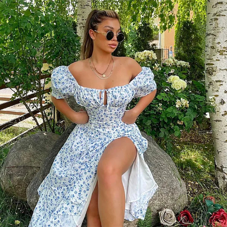 Y2K Vintage Blue Floral Dress – Women’s Elegant Summer Party Puff Sleeve Split Long Dress | Sexy Aesthetic 2024