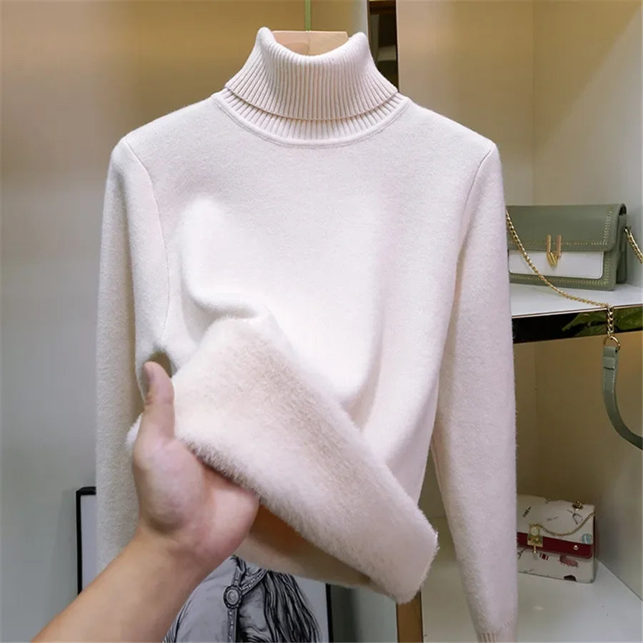 Women Winter Thicken Turtleneck Sweater – Slim Knit Plush Velvet Lined Warm Pullover Jumper