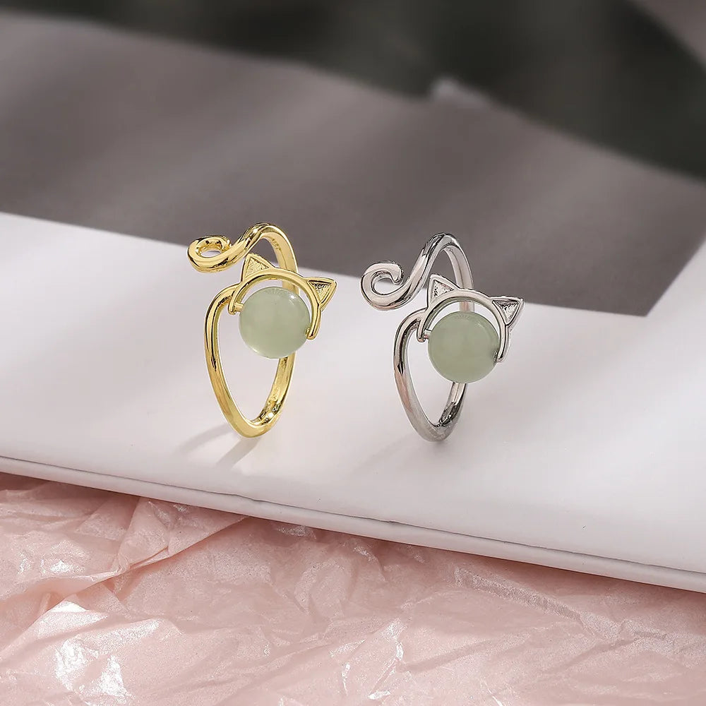 PANJBJ 925 Sterling Silver Hotan Jade Geometric Adjustable Ring | Retro Delicate Jewelry Gift for Women