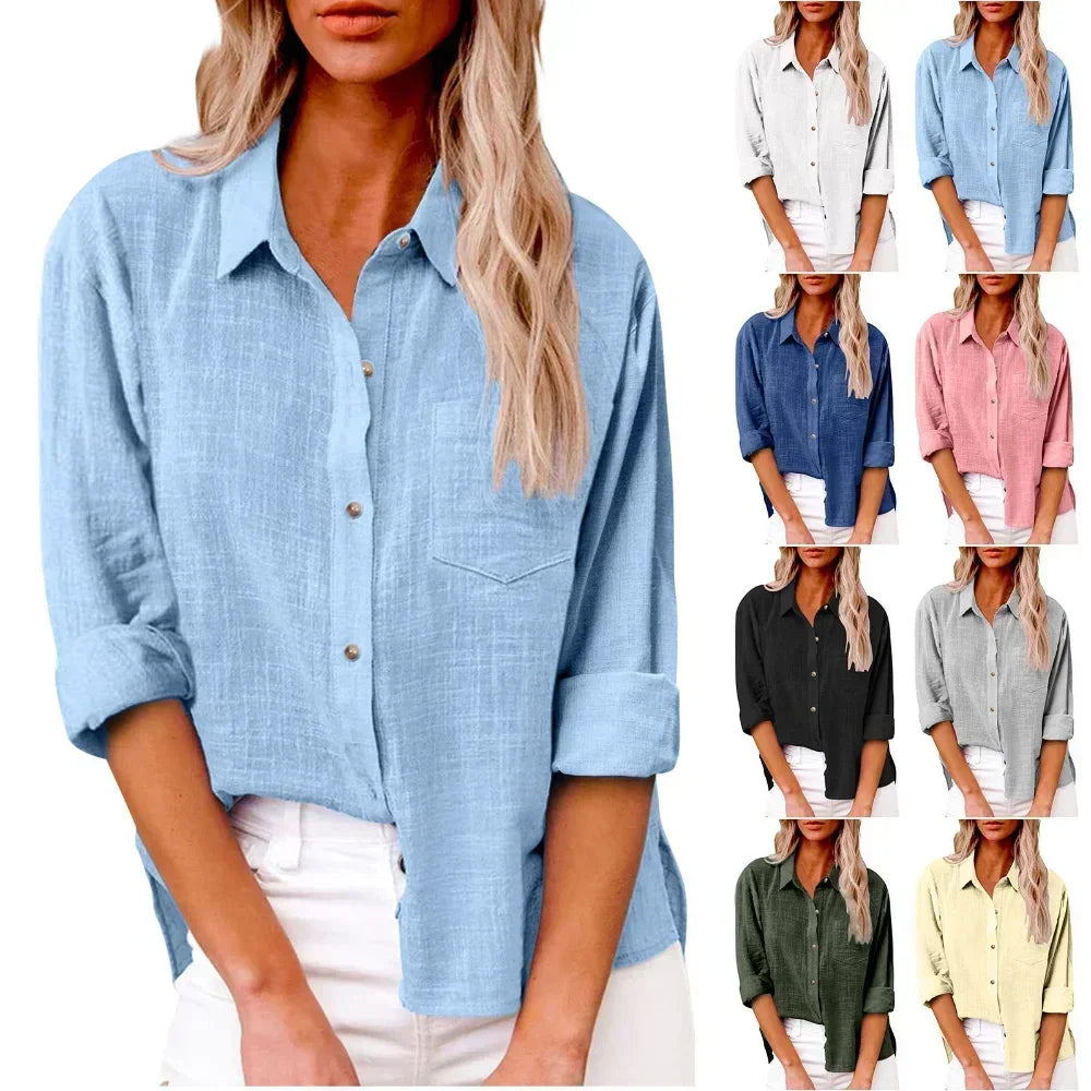 Cotton Linen Long Sleeve Women’s Shirt – Solid Elegant Casual T-Shirt 👚🌿