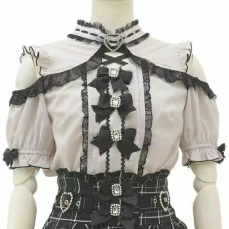 2025 Japanese Kawaii Lolita Lace Blouse | Harajuku Sweet JK Bow Top | Autumn Lightweight Patchwork Shirt for Women