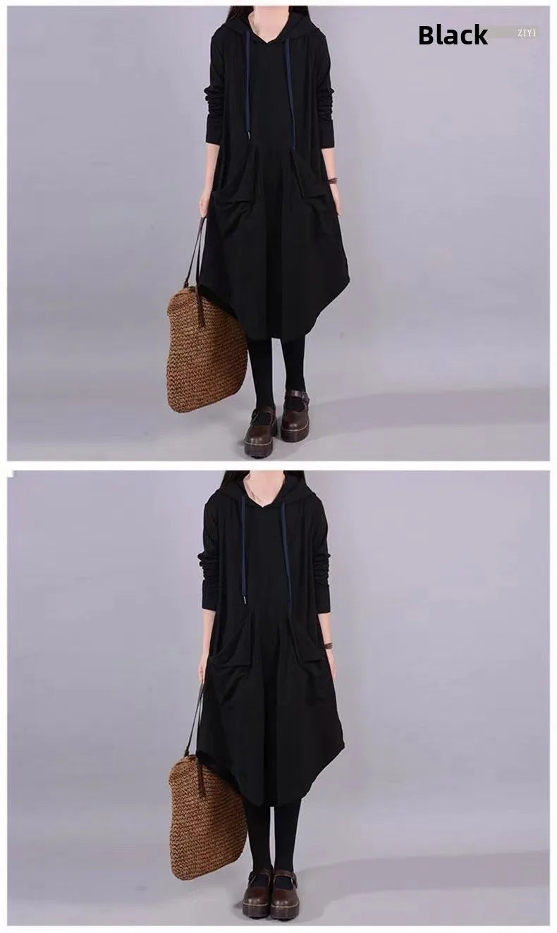 Artistic Loose Midi Dress for Plus Size Women | Autumn Hooded Long Sleeve Polyester Fiber Dress | Casual Commute Fashionable