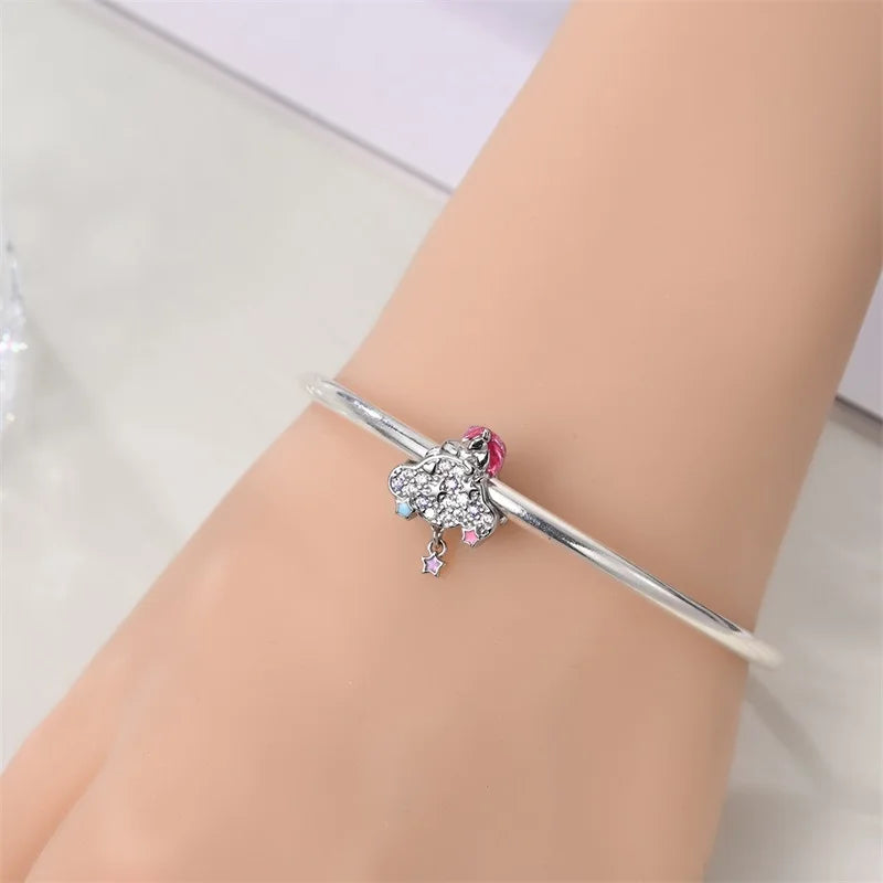 925 Silver Plated Magic Mirror Princess Angel Pink Charm Beads | Fits Original Pan 925 Bracelet | Exquisite DIY Jewelry