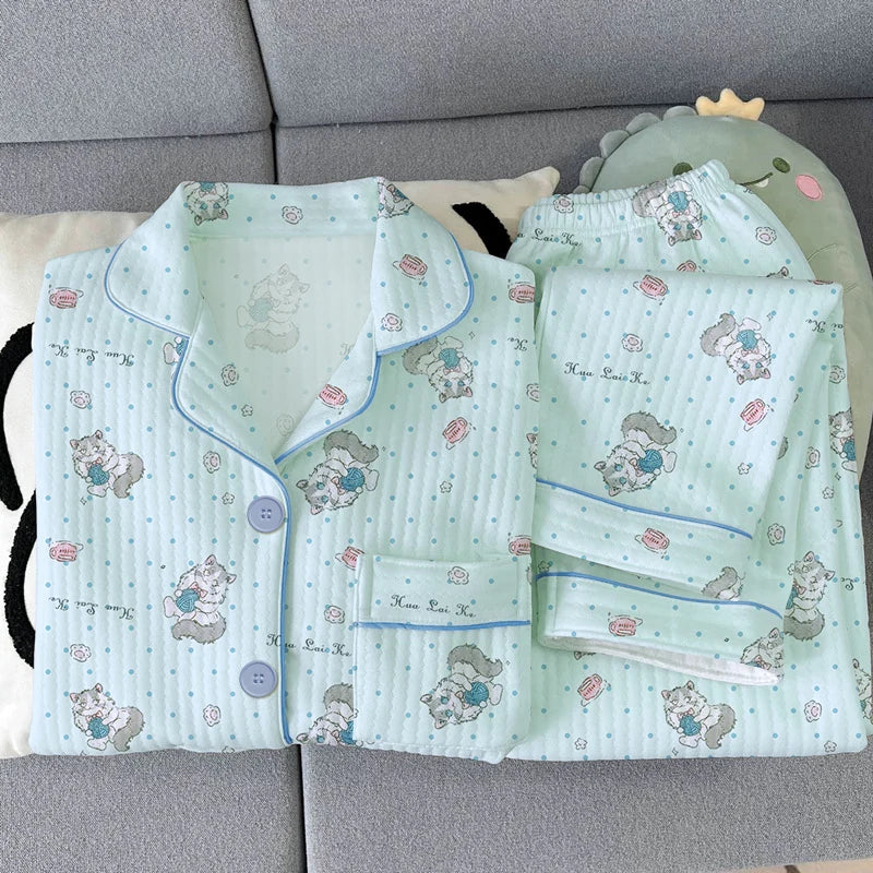 Thickened Air Cotton Women’s Loungewear Set – Lazy Bear Cartoon Long Sleeve Top & Pants 🐻❄️🛋️