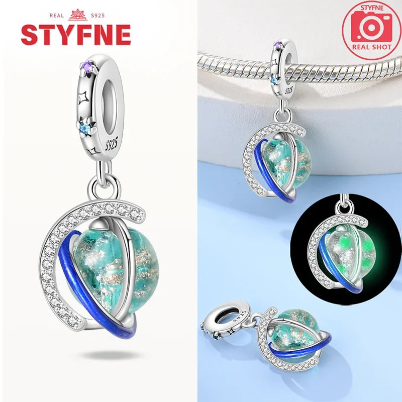 925 Sterling Silver Luminous Rabbit Astronaut Spaceship Charm – Fits Original Bracelet DIY Jewelry Gift for Women