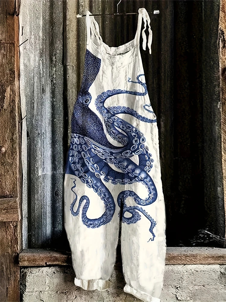 Fashion Deep Sea Octopus 3D Printed Jumpsuit – Loose Comfortable Casual Halter Jumpsuit for Women, Plus Size