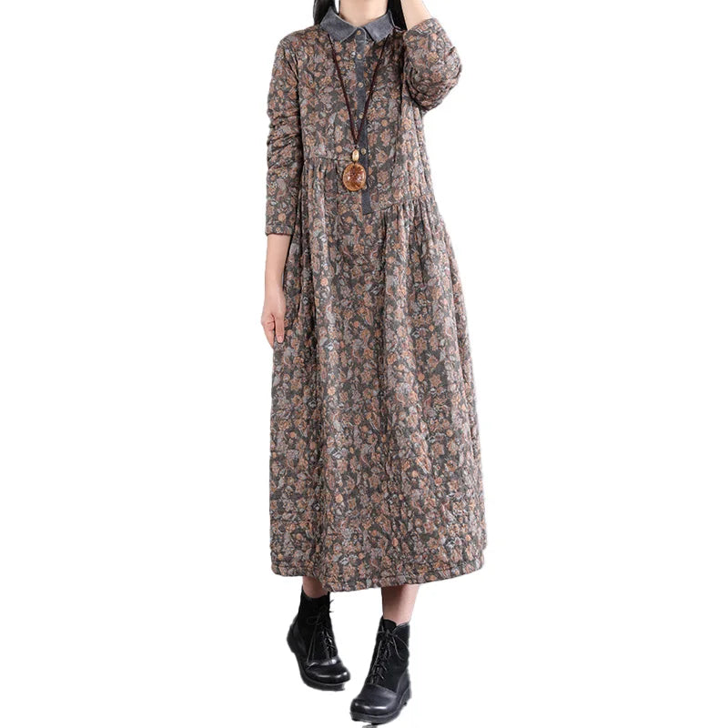 Thickened Floral Print Retro Women’s Dress – Cotton-Lined Warm A-Line Skirt with Long Sleeves & Collar | Winter Casual Dress