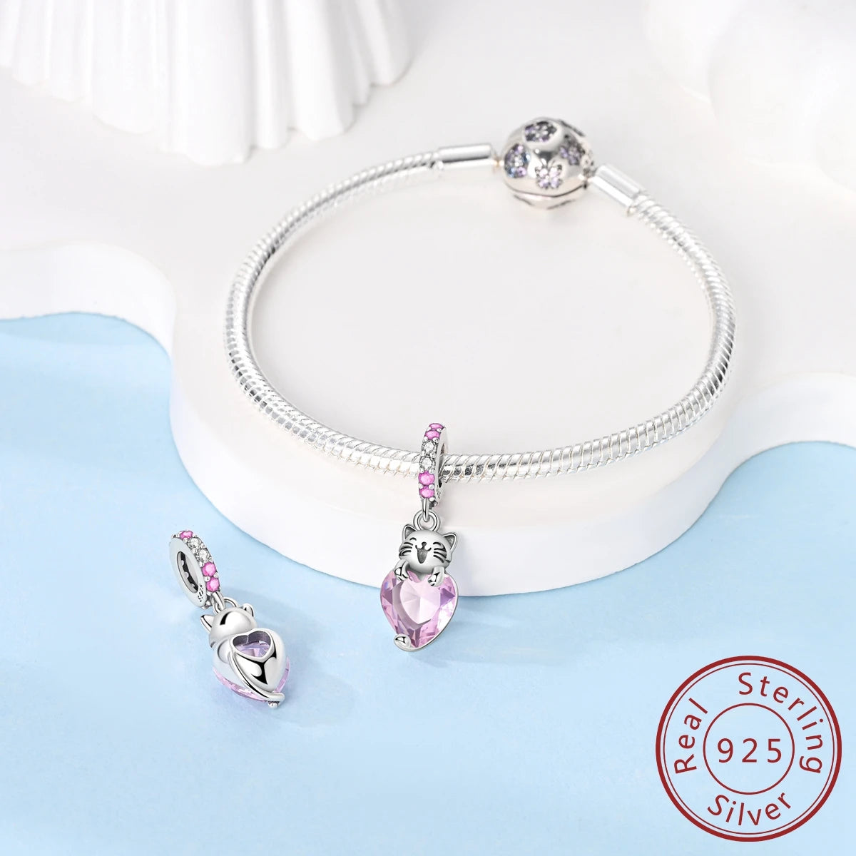 925 Sterling Silver Pink Zircon Heart Cross Charm | Fits Pandora Original Bracelet | Women’s Pendant DIY Jewelry Gift