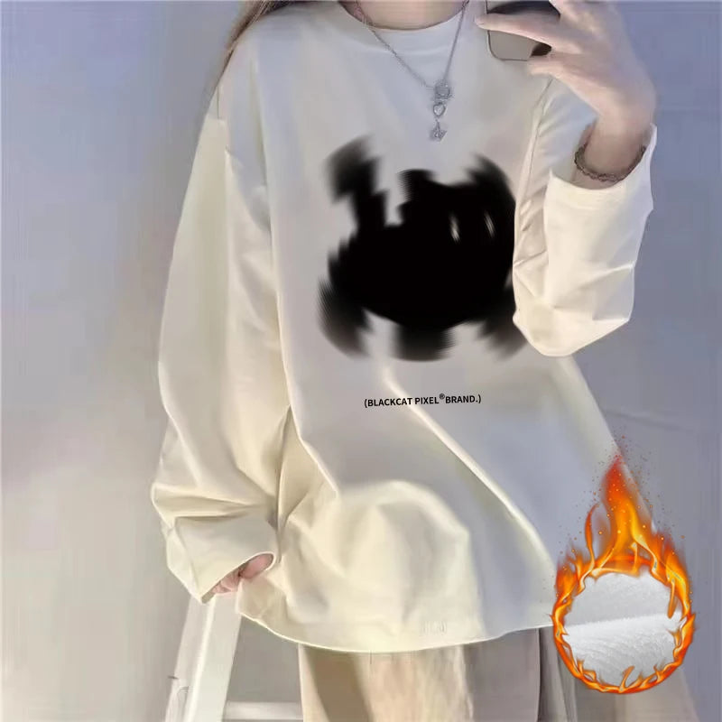 White Fleece-Lined Loose Long Sleeve Women’s T-Shirt – Slimming Base Layer Korean Style Commute Top