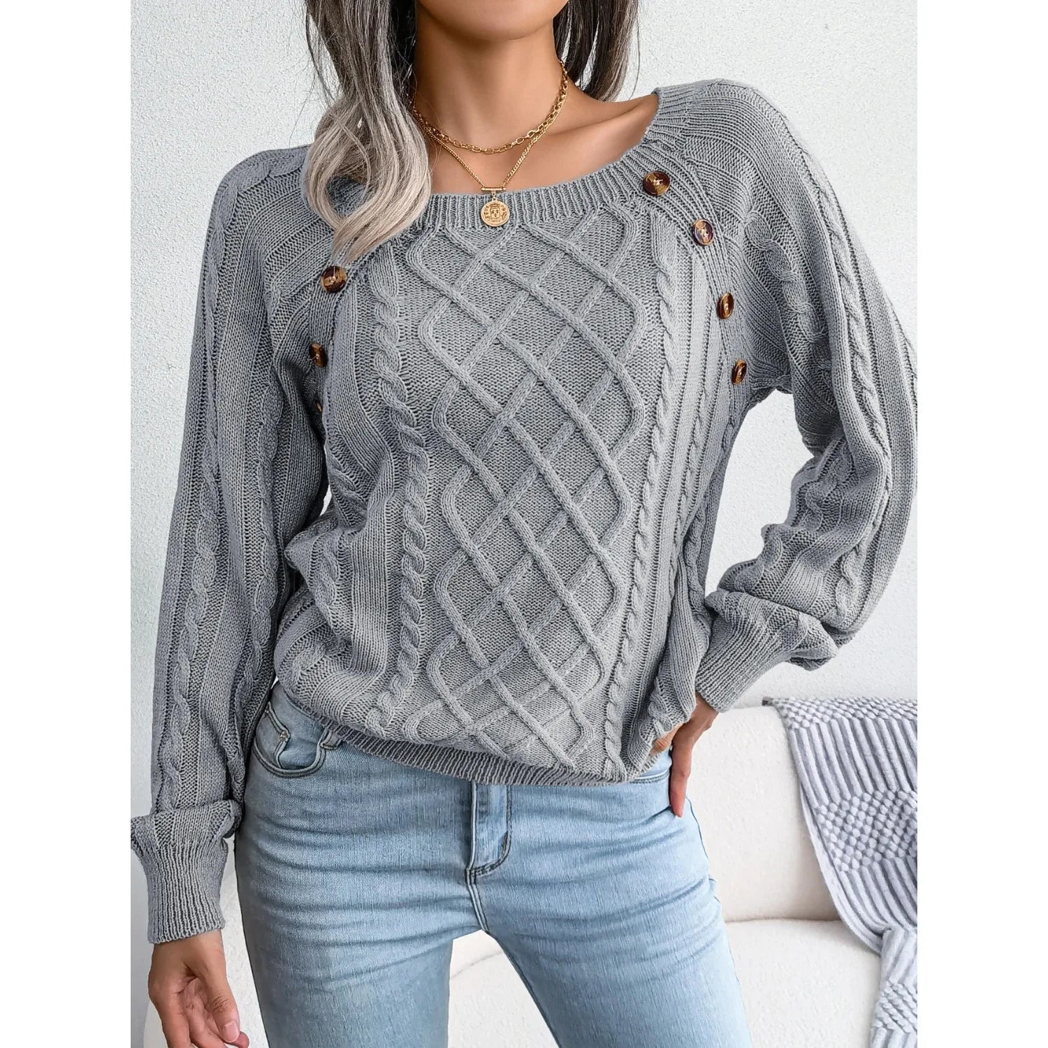 Women’s Casual Square Collar Knitted Pullover Sweater – Long Sleeve Autumn Winter 2025 Top