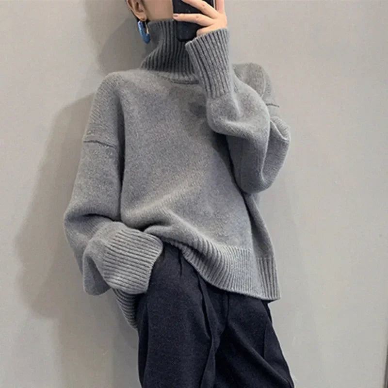 Women’s Oversize Turtleneck Sweater – Long Sleeve Knitted Pullover Autumn Winter Knitwear