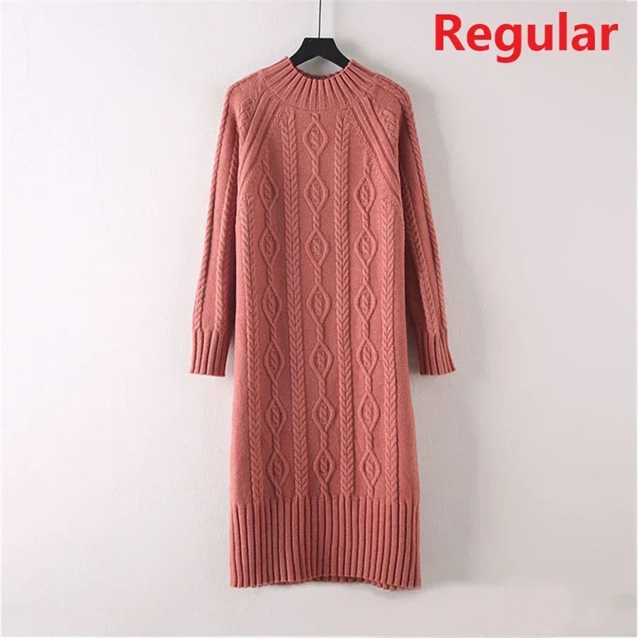 Winter Thicken Plus Velvet Sweater Dress for Women – Fall Mock Neck Rib Knit Midi Dress | Elegant Warm Vestido with Coats