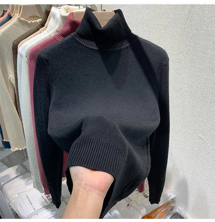 2025 Women’s High Collar Pullover Sweater – Thick Warm Soft Winter Top | Solid Color Bottoming Shirt