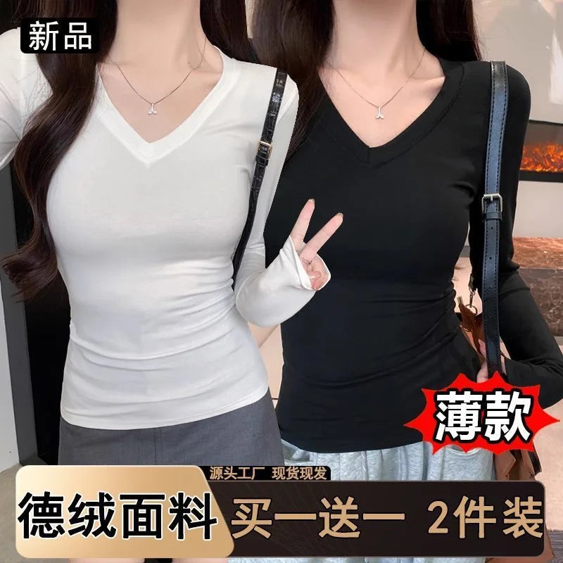 Women's Fleece-Lined Long Sleeve T-Shirt ❄️ Sweet Slim Fit U-Neck Top 👚 Autumn Winter Warm Fashion