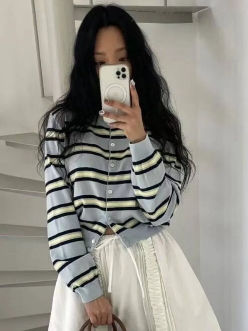 Women's Striped Knitted Cardigan | Chic Spring Button-Up Sweater | Soft Classic Open Front Knitwear