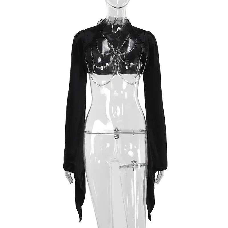 Dark Black Goth Top | Women’s Vintage Flared Sleeve Gothic T-Shirt Y2K Party Wear