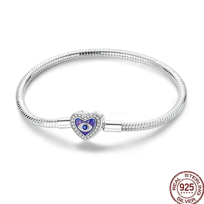 925 Sterling Silver Heart Moon Sun Clasp Charm Bracelet | 17–20CM Original Bracelet for Women | Fits Pandora DIY Beads Jewelry