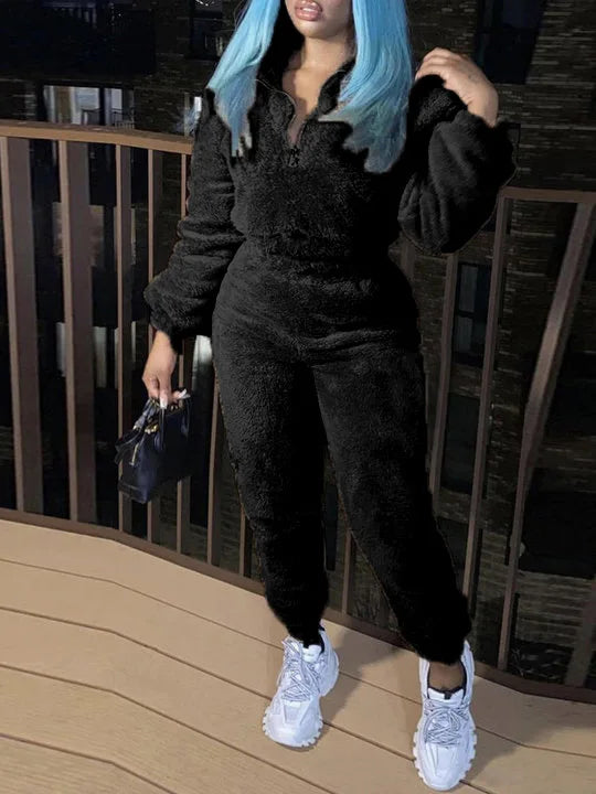 Winter Plush Two-Piece Set for Women – Warm Zipper Lapel Pullover & Elastic Waist Trousers Casual Home Suit ❄️✨