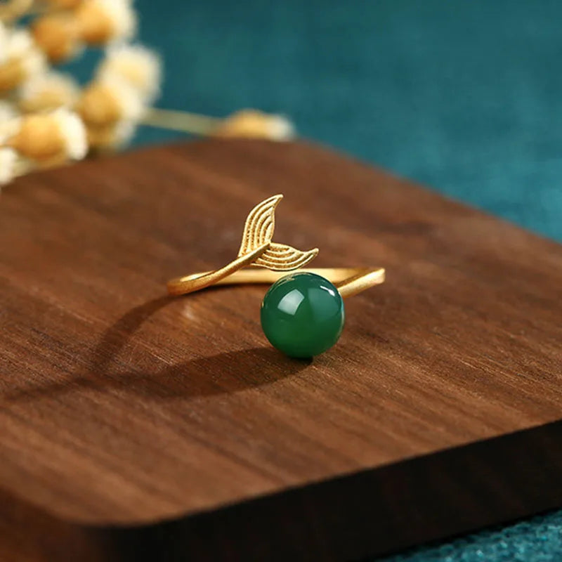 PANJBJ 925 Sterling Silver Hotan Jade Geometric Adjustable Ring | Retro Delicate Jewelry Gift for Women