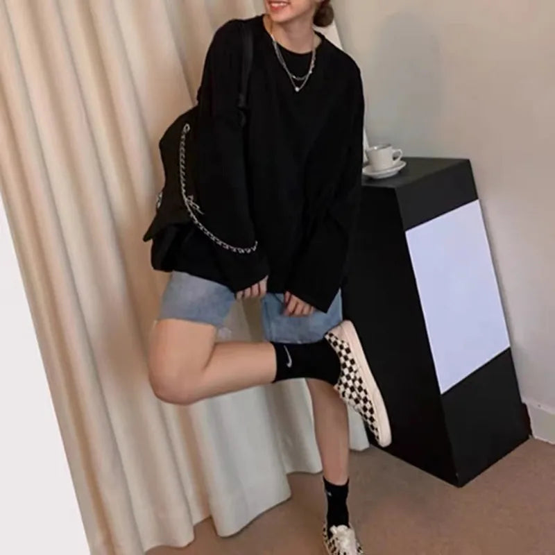 Spring Autumn Women’s Loose Long Sleeve Basic T-Shirt – Casual Round Neck Top Polyester Spandex